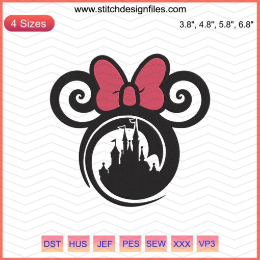 "Minnie Swirls Embroidery Designs File featuring Disney Mickey Machine Embroidery, floral swirls and character motifs."