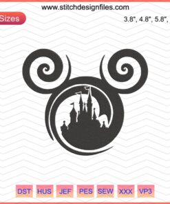 Mickey Swirls Embroidery Design File: Disney Mickey Mouse digital embroidery pattern, machine-ready, whimsical swirls motif.