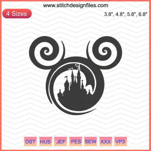 Mickey Swirls Embroidery Design File: Disney Mickey Mouse digital embroidery pattern, machine-ready, whimsical swirls motif.
