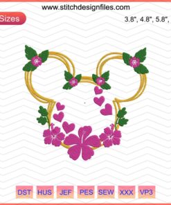 Mickey Flower Color Embroidery Designs File featuring Disney's Mickey Mouse with floral patterns, perfect for machine embroidery projects.