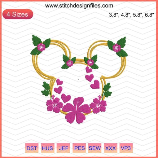 Mickey Flower Color Embroidery Designs File featuring Disney's Mickey Mouse with floral patterns, perfect for machine embroidery projects.