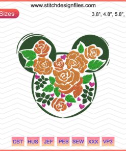 Mickey Head Flower Embroidery Designs, Disney Machine Embroidery File, Cute Floral Pattern, Digital Download.