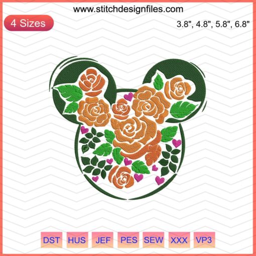 Mickey Head Flower Embroidery Designs, Disney Machine Embroidery File, Cute Floral Pattern, Digital Download.