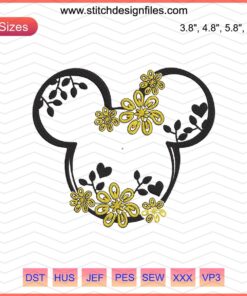 Mickey Yellow Flower Embroidery Design, Disney Machine Embroidery, Mickey with Floral Motif, Instant Download File