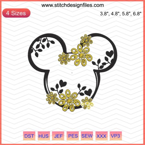 Mickey Yellow Flower Embroidery Design, Disney Machine Embroidery, Mickey with Floral Motif, Instant Download File