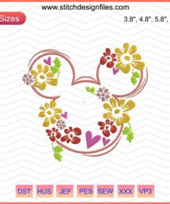 Mickey Head Flower Colorful Embroidery Design File - Disney Mickey Mouse Machine Embroidery, Vibrant Floral Pattern.