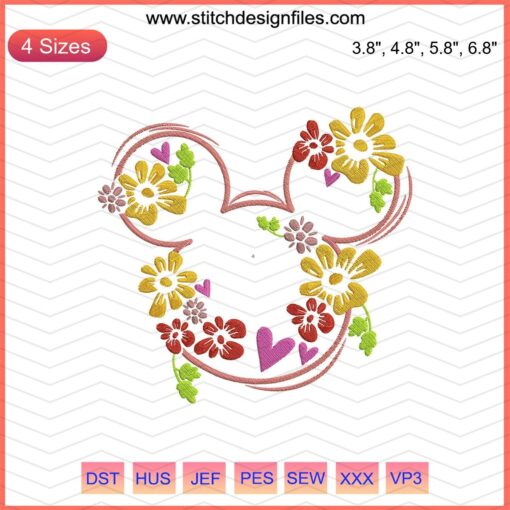 Mickey Head Flower Colorful Embroidery Design File - Disney Mickey Mouse Machine Embroidery, Vibrant Floral Pattern.