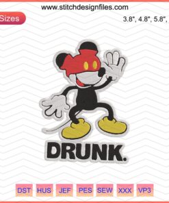 "Mickey Drunk Embroidery Design: Disney Mickey Mouse machine embroidery file, fun cartoon character motif for DIY crafting"