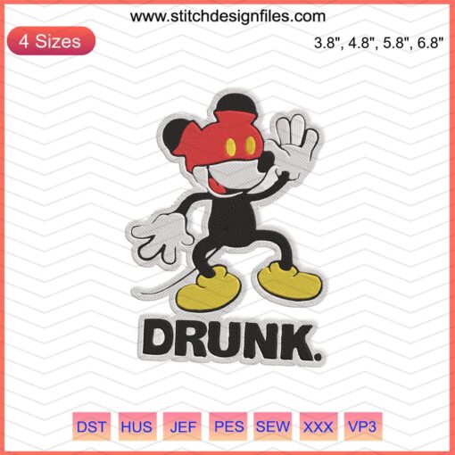"Mickey Drunk Embroidery Design: Disney Mickey Mouse machine embroidery file, fun cartoon character motif for DIY crafting"