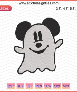 Mickey Ghost Embroidery Designs File: Disney Mickey Mouse in ghost form for machine embroidery, cute Halloween theme.