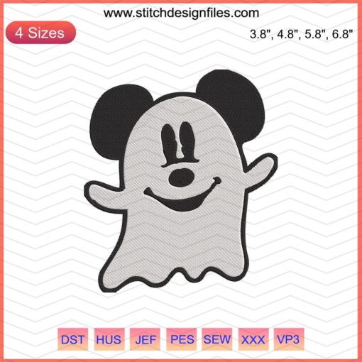 Mickey Ghost Embroidery Designs File: Disney Mickey Mouse in ghost form for machine embroidery, cute Halloween theme.