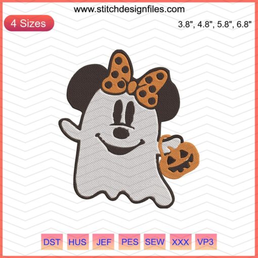Minnie Ghost Embroidery Designs File, Disney-Inspired Mickey Machine Embroidery, Halloween-Themed Digital Pattern