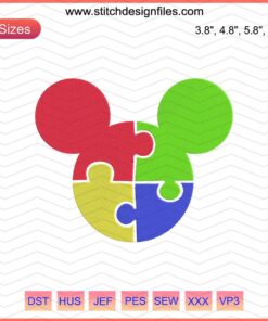 Embroidery file featuring Mickey Mouse autism awareness design, Disney-themed machine embroidery pattern download.