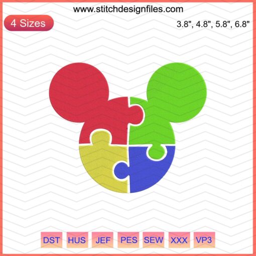 Embroidery file featuring Mickey Mouse autism awareness design, Disney-themed machine embroidery pattern download.