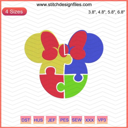 Minnie Mouse Autism Embroidery Design File, Disney Mickey Machine Pattern, Instant Download, Unique Autism Awareness Stitch