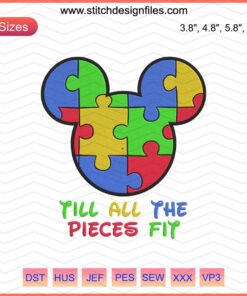 Disney Mickey Embroidery File: "Till All The Pieces Fit" Design for Machine Embroidery, Perfect for Puzzle-Themed Projects.