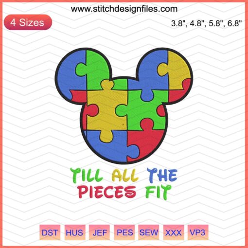 Disney Mickey Embroidery File: "Till All The Pieces Fit" Design for Machine Embroidery, Perfect for Puzzle-Themed Projects.