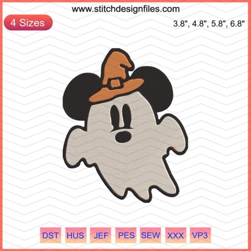 Mickey Ghost Witch Hat Embroidery Designs, Cute Disney Machine Embroidery File for Halloween, Ideal for Shirts and Accessories.