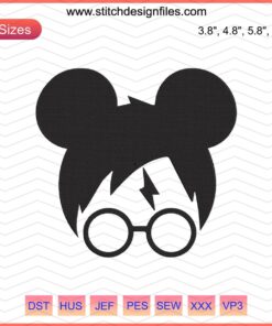 Mickey Mouse head with Harry Potter glasses and lightning scar, embroidery design file for Disney machine enthusiasts.
