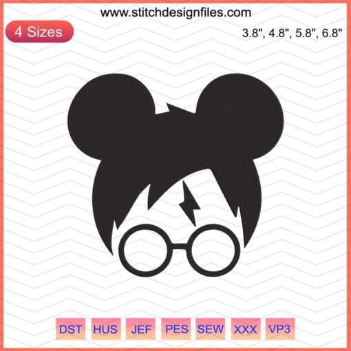 Mickey Mouse head with Harry Potter glasses and lightning scar, embroidery design file for Disney machine enthusiasts.