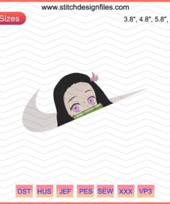 "Nike sneakers with Nezuko face embroidery design, machine embroidery file, anime-themed custom designs."
