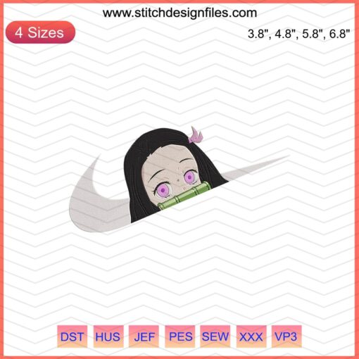 "Nike sneakers with Nezuko face embroidery design, machine embroidery file, anime-themed custom designs."