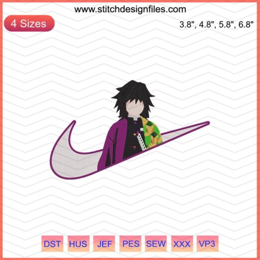 Nike x Giyu Tomioka Demon Slayer Embroidery File - Detailed Nike Embroidery Design for Machine Stitching, Anime Collab.