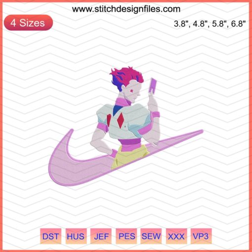 Hisoka-inspired embroidery design featuring Nike swoosh; digital embroidery file, suitable for machine stitching.