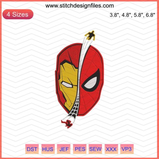 Spider-man Iron Man Half Face Embroidery Design, Marvel Machine Embroidery File, Superhero Stitching Pattern