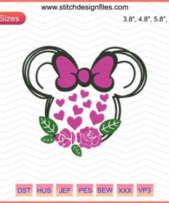 Minnie Heart Flower Embroidery Design File for Disney Mickey Machine Embroidery - Cute, Colorful, Sewing, Craft Patterns