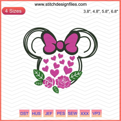 Minnie Heart Flower Embroidery Design File for Disney Mickey Machine Embroidery - Cute, Colorful, Sewing, Craft Patterns