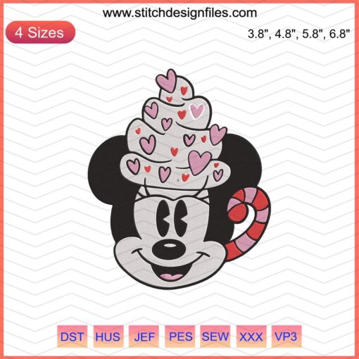"Disney Valentine's Mickey Mug Embroidery Design File, Heart-themed Mickey Mouse Machine Embroidery for DIY Crafts"