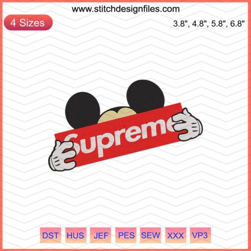 Disney Mickey Mouse Supreme Embroidery Designs File featuring iconic Mickey cartoon character for machine embroidery projects.