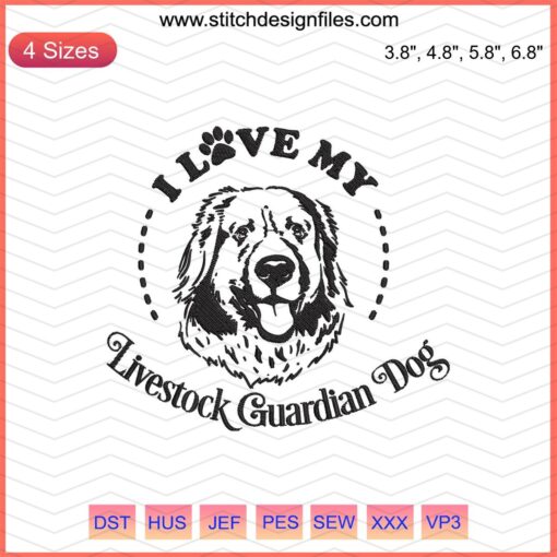 "I Love My Guardian Dog" embroidery designs file featuring unique dog machine embroidery patterns for pet enthusiasts.