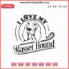 Basset Hound embroidery design file, perfect for dog lovers, featuring text "I Love My Basset". Machine embroidery file download.