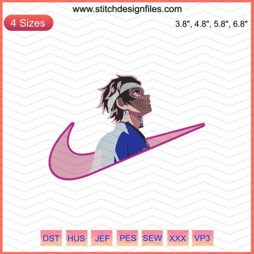 Tanjiro Kamado Nike Kimetsu no Yaiba embroidery design, vibrant anime pattern for machine embroidery projects.