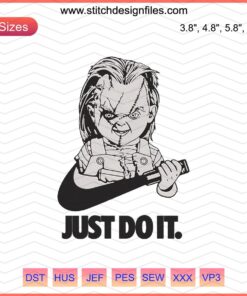 Chucky "Just Do It" Nike Horror Embroidery Design File with classic horror character theme; digital download for embroidery machines.