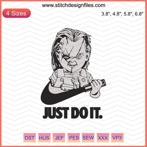 Chucky "Just Do It" Nike Horror Embroidery Design File with classic horror character theme; digital download for embroidery machines.