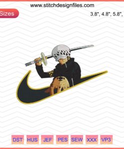 Trafalgar D. Water Law embroidery design file, Nike One Piece machine embroidery pattern, anime-themed DIY project.