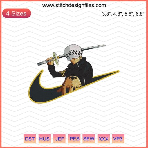 Trafalgar D. Water Law embroidery design file, Nike One Piece machine embroidery pattern, anime-themed DIY project.