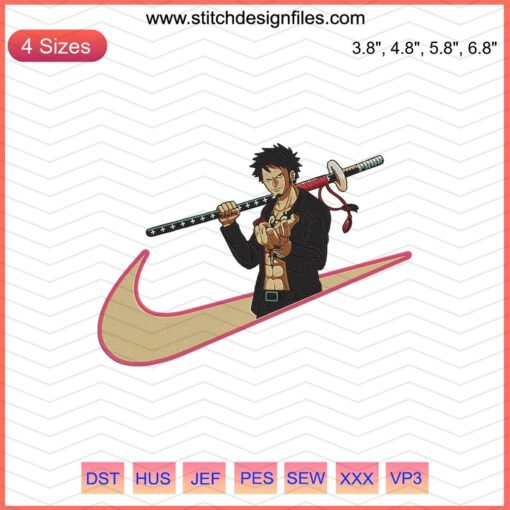Doctor Trafalgar D. Water Law Embroidery Designs File, featuring Nike One Piece Machine Embroidery Design. Perfect for fans!