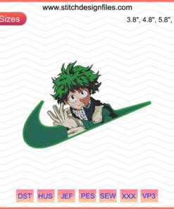 Izuku Midoriya Nike My Hero Academia Embroidery Design File, vibrant anime character embroidery pattern for machines.