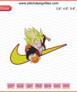 Nike x Dragon Ball embroidery design featuring Goku with 4-star dragon ball, perfect for machine embroidery enthusiasts.