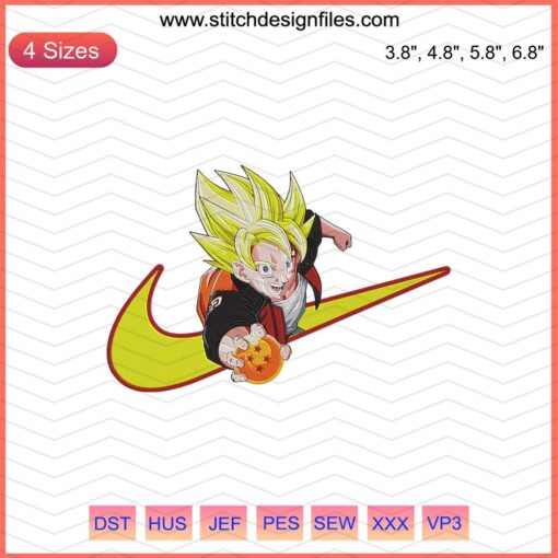 Nike x Dragon Ball embroidery design featuring Goku with 4-star dragon ball, perfect for machine embroidery enthusiasts.