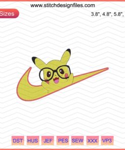 Nike x Pikachu Cute Glasses Embroidery Design, Nike Pokemon Embroidery Machine File, Adorable Pikachu with Stylish Glasses Design