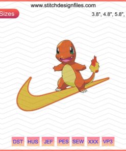 Nike Charmander Embroidery Design File, Pokemon Machine Embroidery, Nike Swoosh with Charmander, Downloadable Embroidery Pattern.