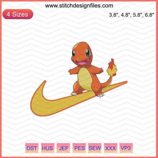 Nike Charmander Embroidery Design File, Pokemon Machine Embroidery, Nike Swoosh with Charmander, Downloadable Embroidery Pattern.
