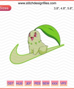 Nike x Chikorita embroidery design file, featuring a playful Pokémon-themed pattern for machine embroidery enthusiasts.