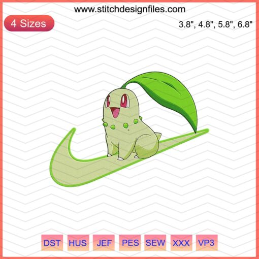 Nike x Chikorita embroidery design file, featuring a playful Pokémon-themed pattern for machine embroidery enthusiasts.