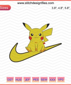 Pikachu embroidery file, cute Pokemon design for Nike machine embroidery, digital download, ideal for sewing projects.